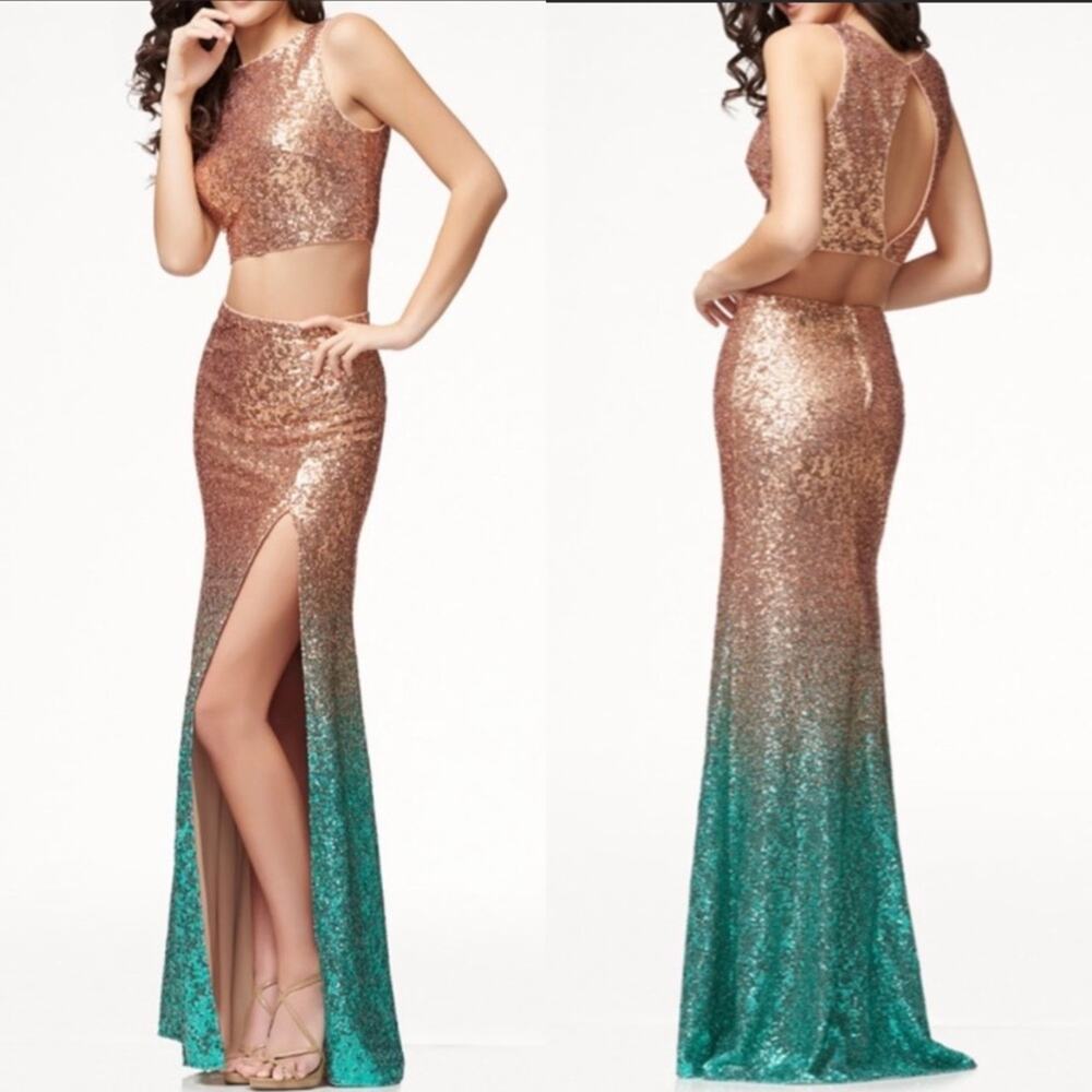 Colette by Mon Cheri Gold Turquoise Sequin Long Line 2 Piece Crop Skirt Set 6